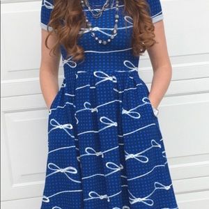 NWT LulaRoe Amelia Bow dress in blue. Size Small